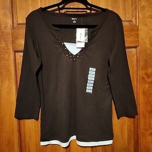 Style & Co. Brown 100% cotton 3/4 sleeve tagless top NWT